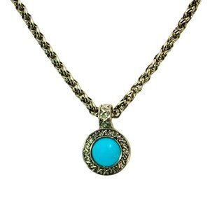 Turquoise round pendant necklace with small crystals on thick silver chain